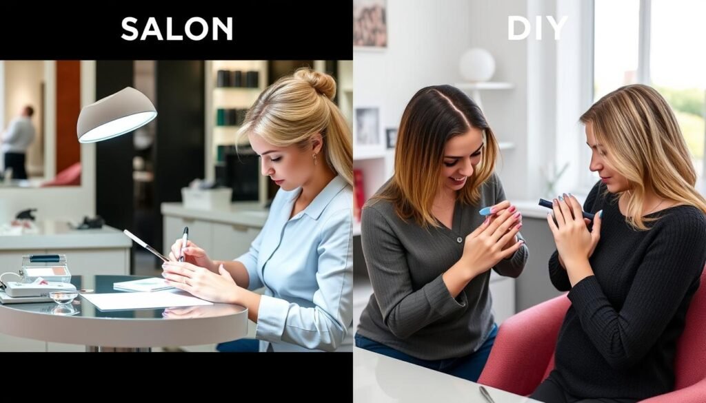 Split image showing salon professional and DIY home acrylic nail application