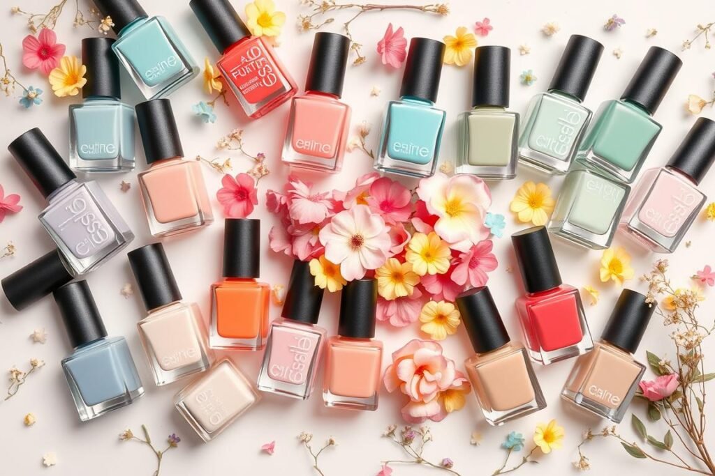 Spring acrylic nail color palette featuring soft pastels, vibrant florals, and earthy neutrals
