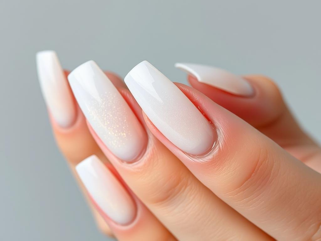Spring acrylic nails in milky white with subtle pearl shimmer effect
