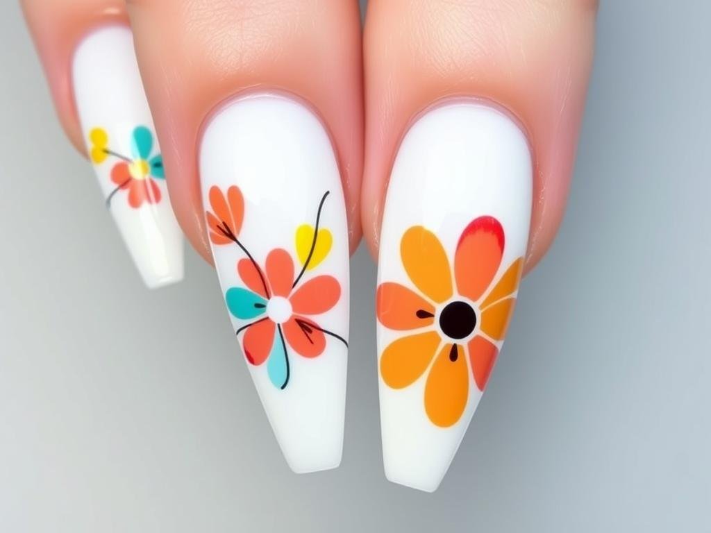 Spring acrylic nails with abstract floral art in bright spring colors
