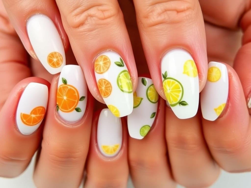Spring acrylic nails with citrus fruit designs in bright colors