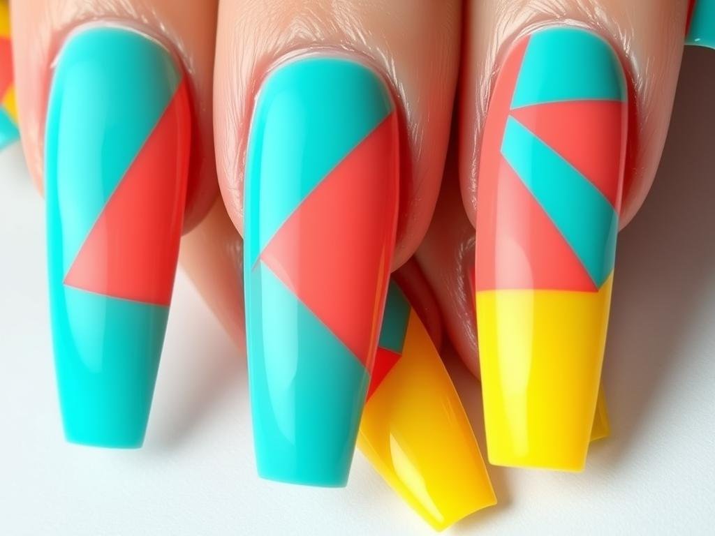 Spring acrylic nails with color block designs in coral, turquoise and yellow