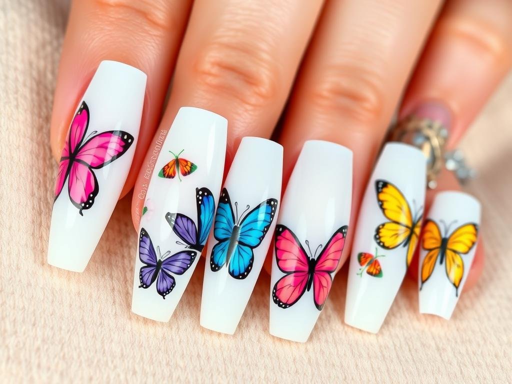 Spring acrylic nails with colorful butterfly designs on a white base