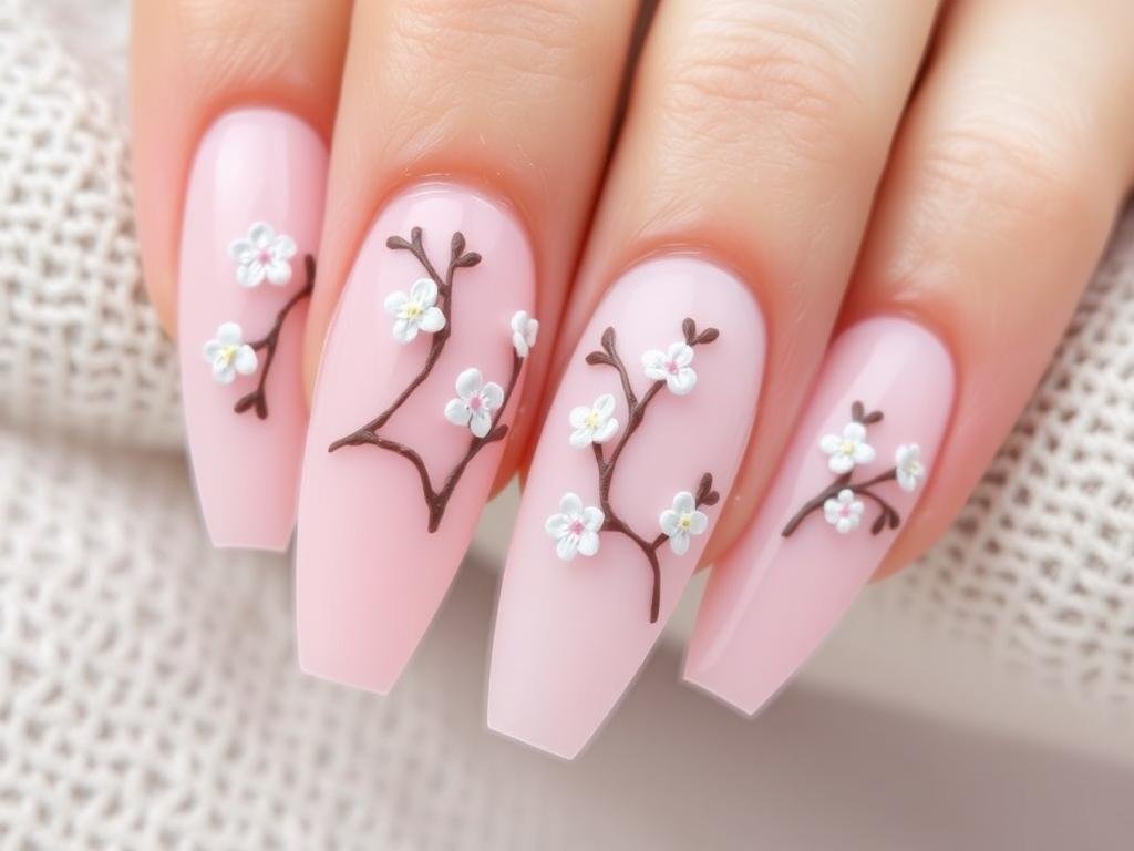 Spring acrylic nails with detailed cherry blossom design on a pale pink base