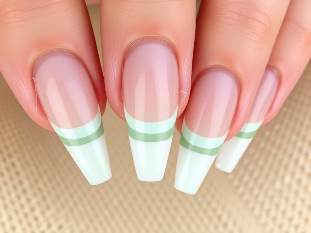 Spring acrylic nails with double French tip lines in mint green and white