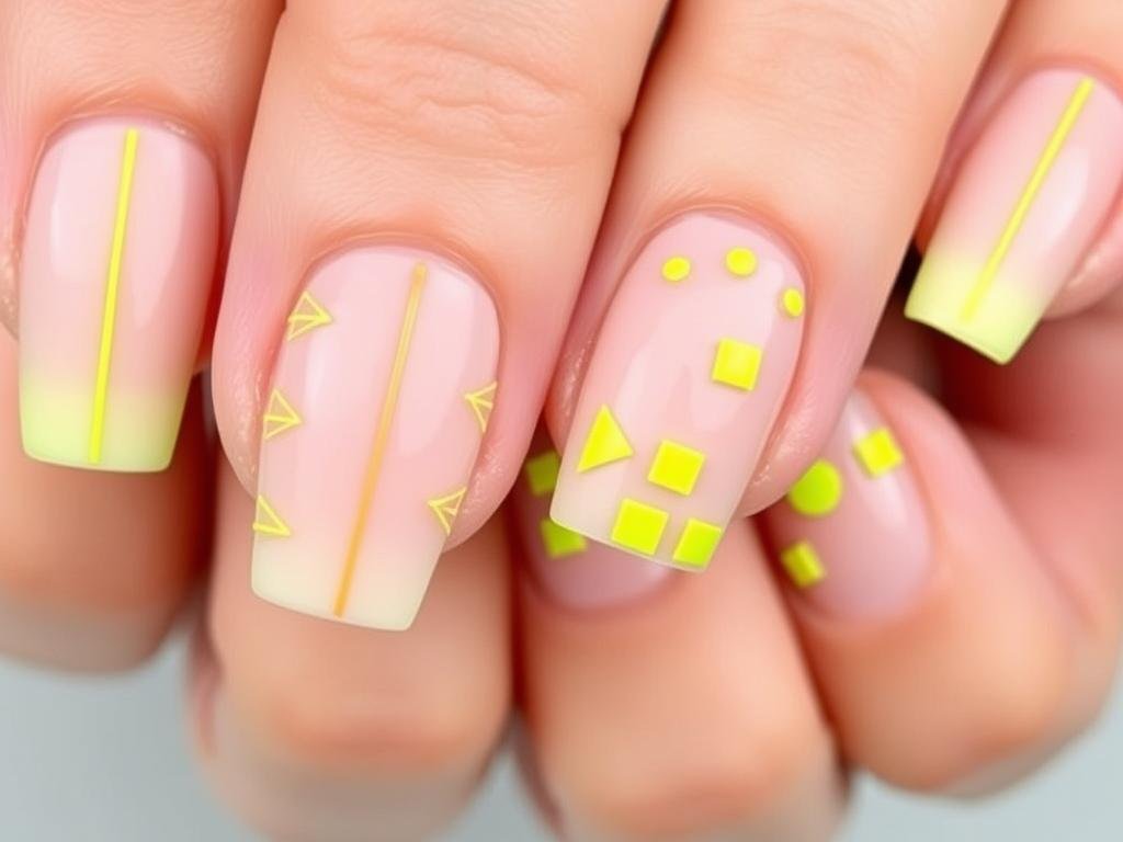 Spring acrylic nails with nude base and neon yellow geometric accents