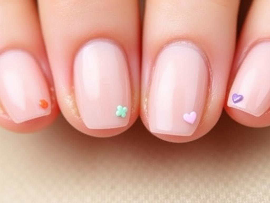 Spring acrylic nails with nude base and tiny colorful dot accents