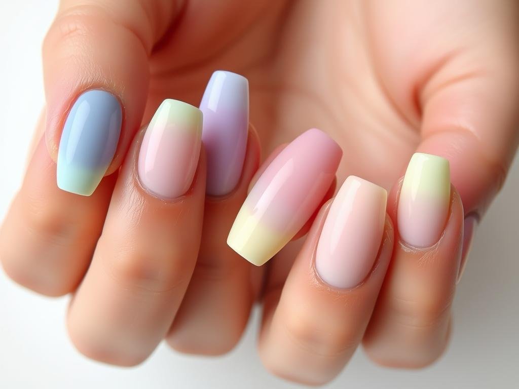 Spring acrylic nails with pastel rainbow French tips on each finger