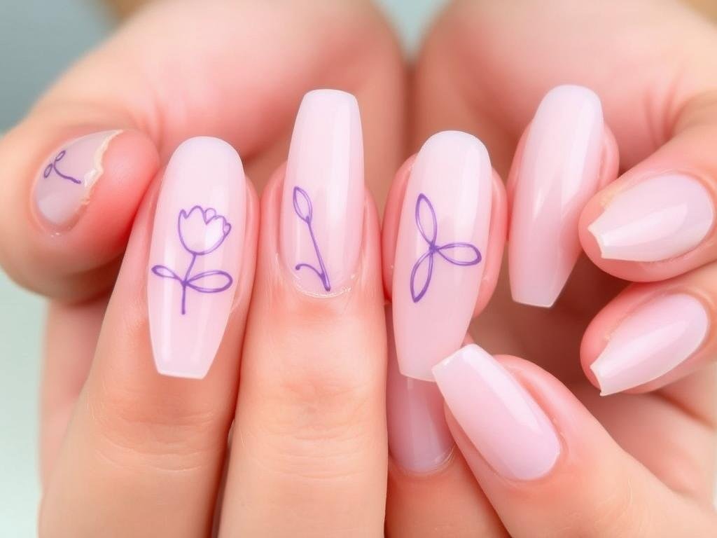 Spring acrylic nails with single line art flowers in lavender on a clear base