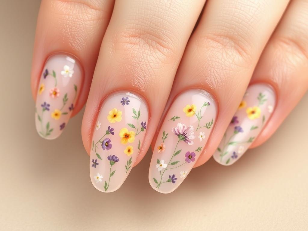 Spring acrylic nails with tiny wildflower meadow design on a neutral base