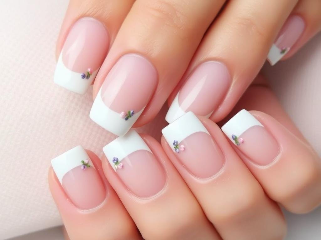 Spring acrylic nails with white French tips decorated with tiny pink flowers