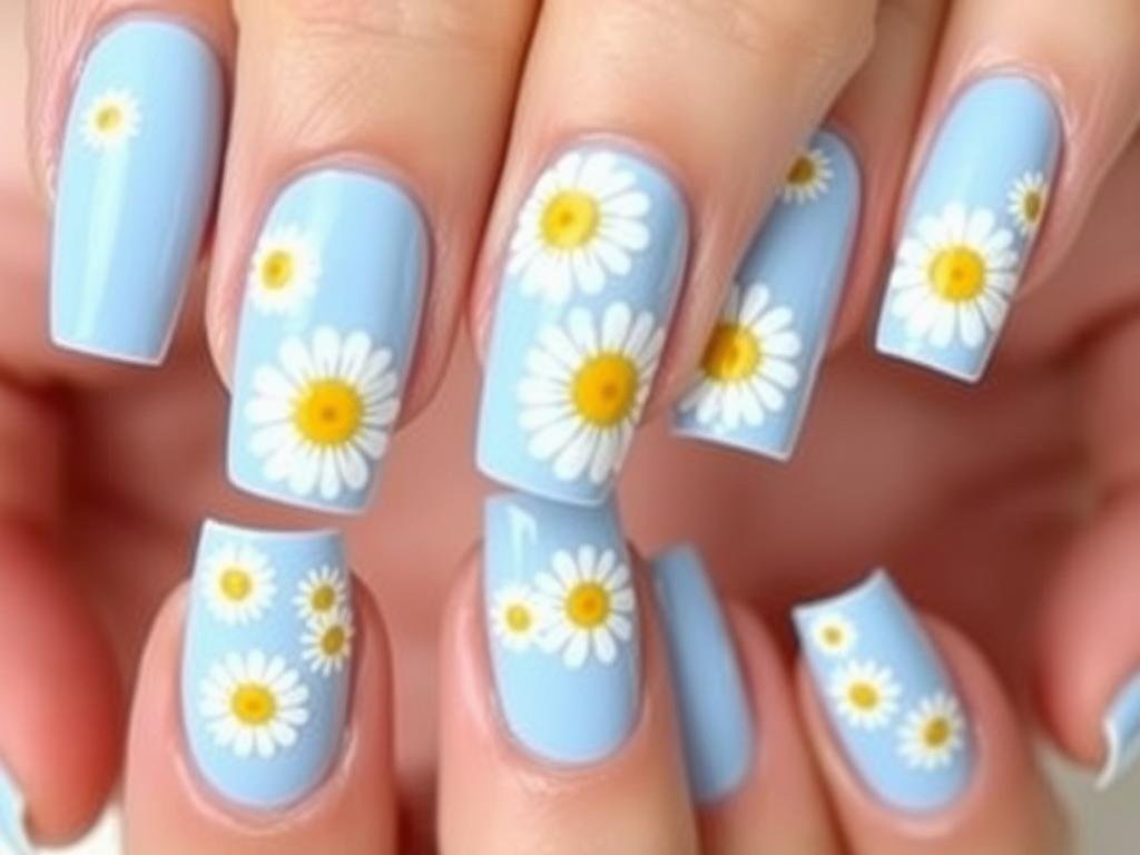 Spring acrylic nails with white daisy designs on a baby blue background