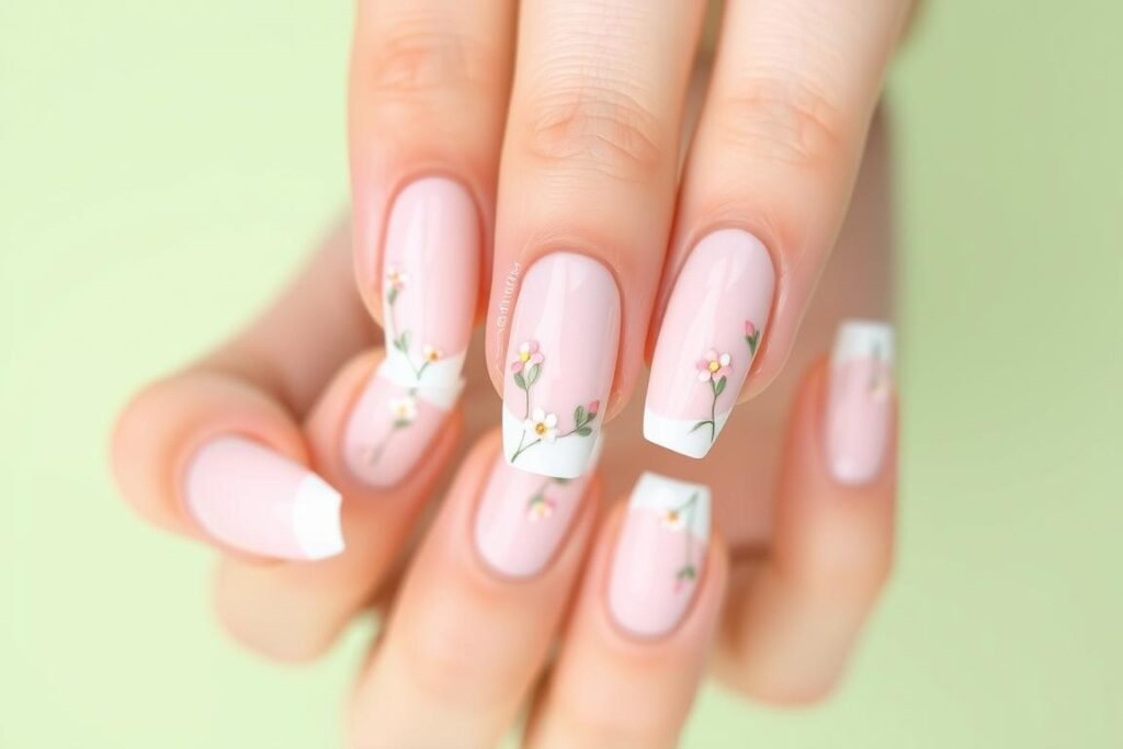 Spring french tip acrylic nails with small flower designs along the tips