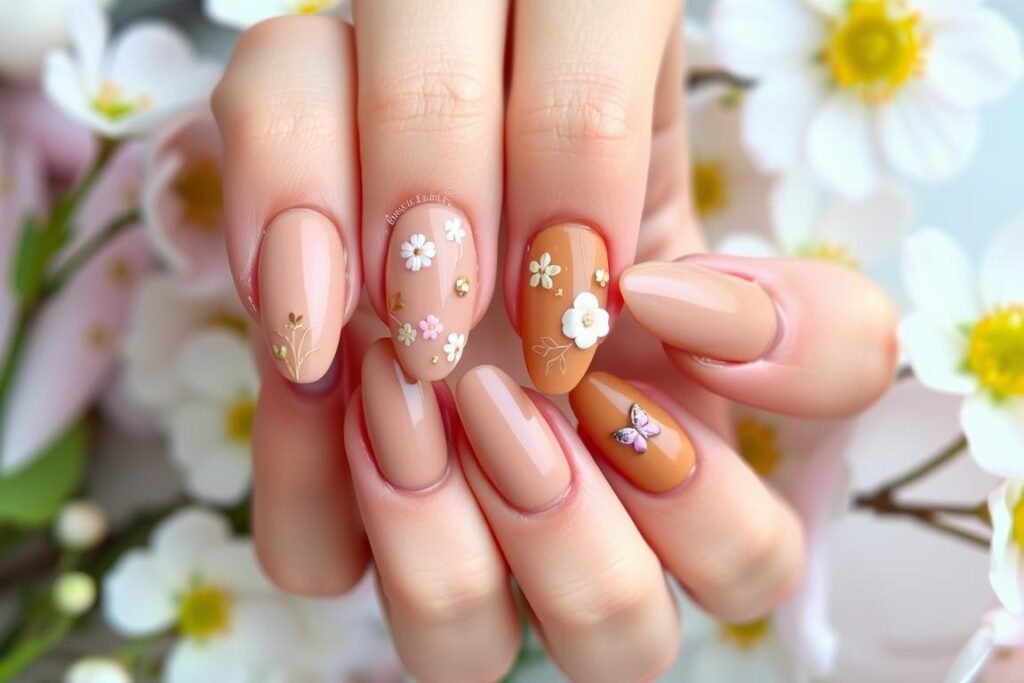 Spring-inspired light brown acrylic nails with floral accents