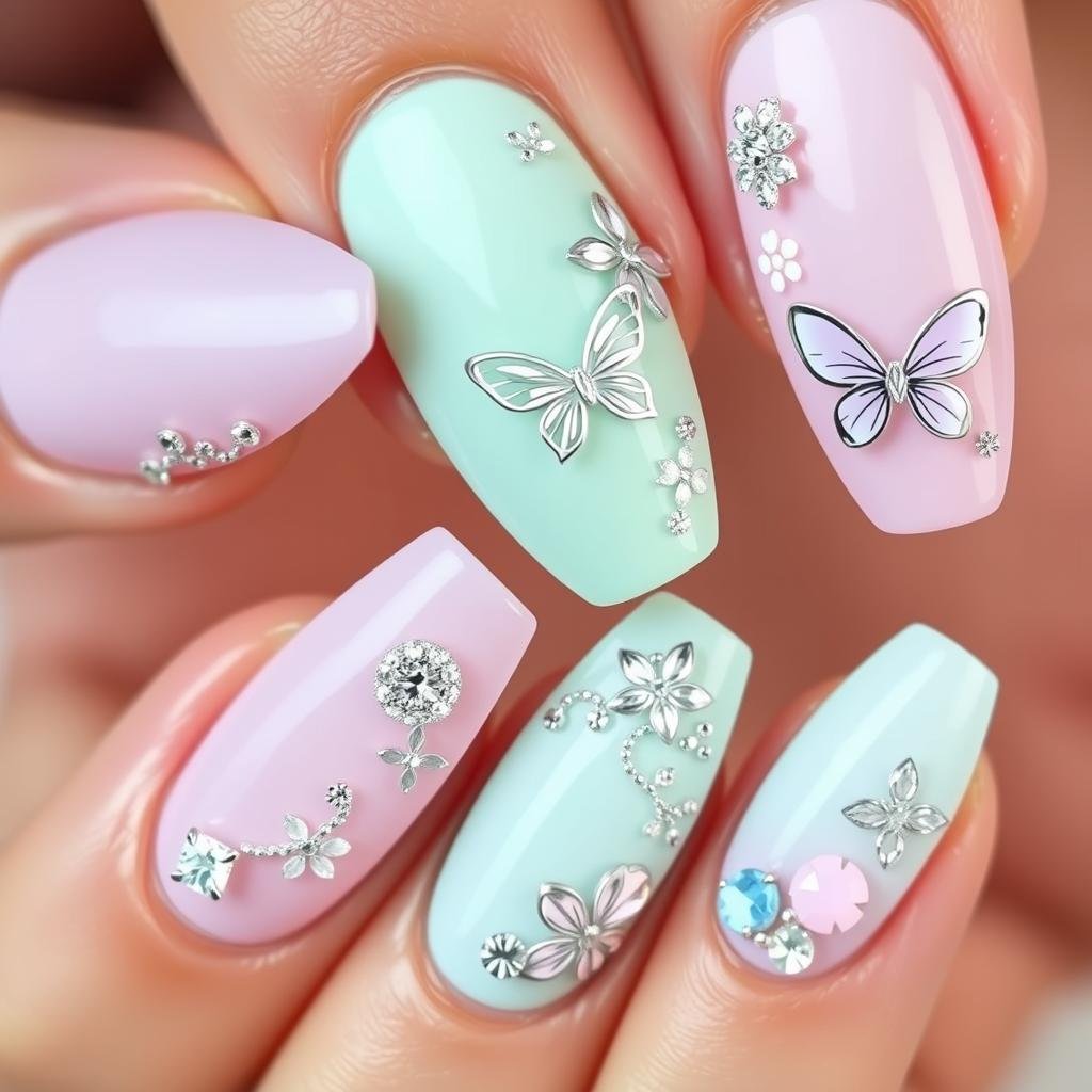 Spring-themed bling acrylic nails with pastel colors and floral rhinestone patterns
