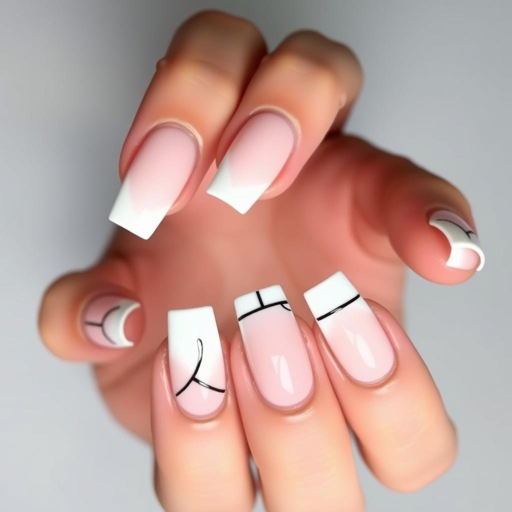Square French tip acrylic nails with geometric design