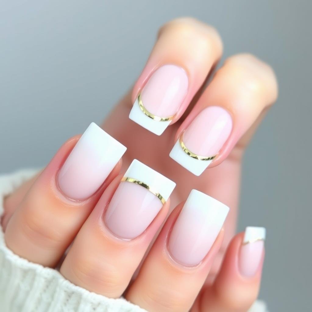 Square French tip acrylic nails with gold accent line