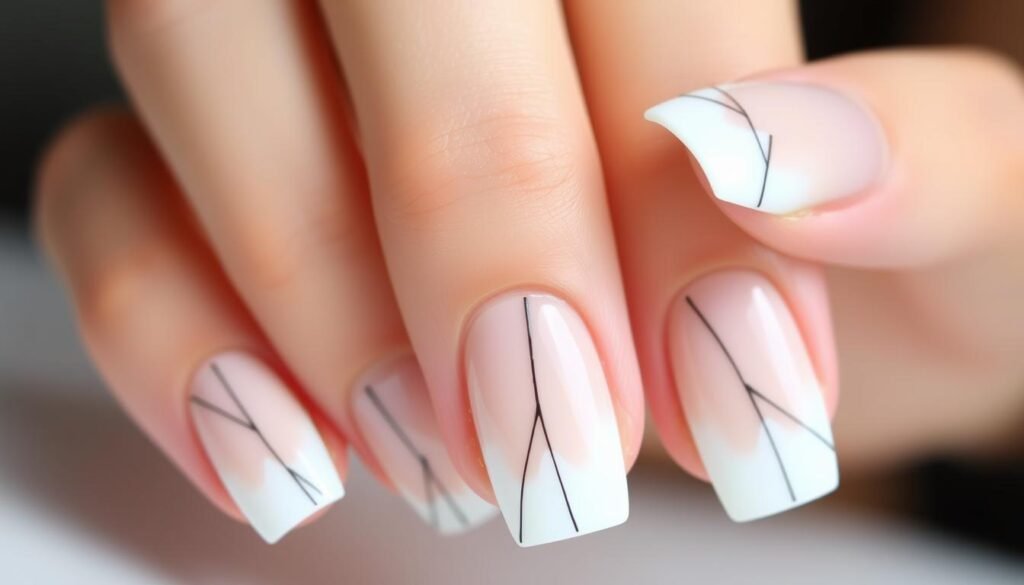 Square French tip acrylic nails with minimalist line designs
