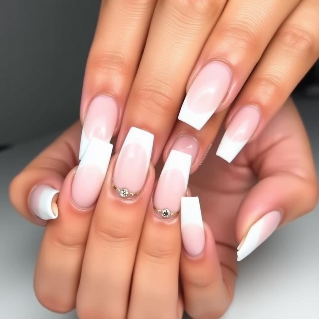 Square French tip acrylic nails with rhinestone accents