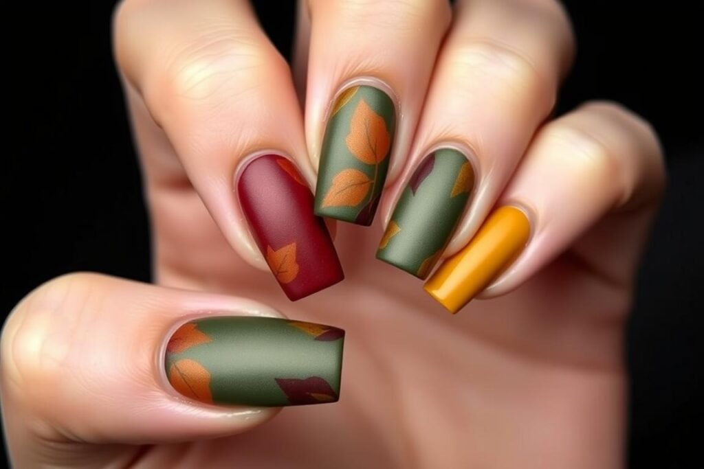 Square acrylic nails in fall-inspired earthy tones and designs