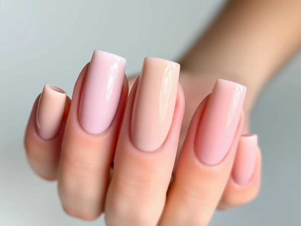 Square acrylic nails in various nude and neutral tones