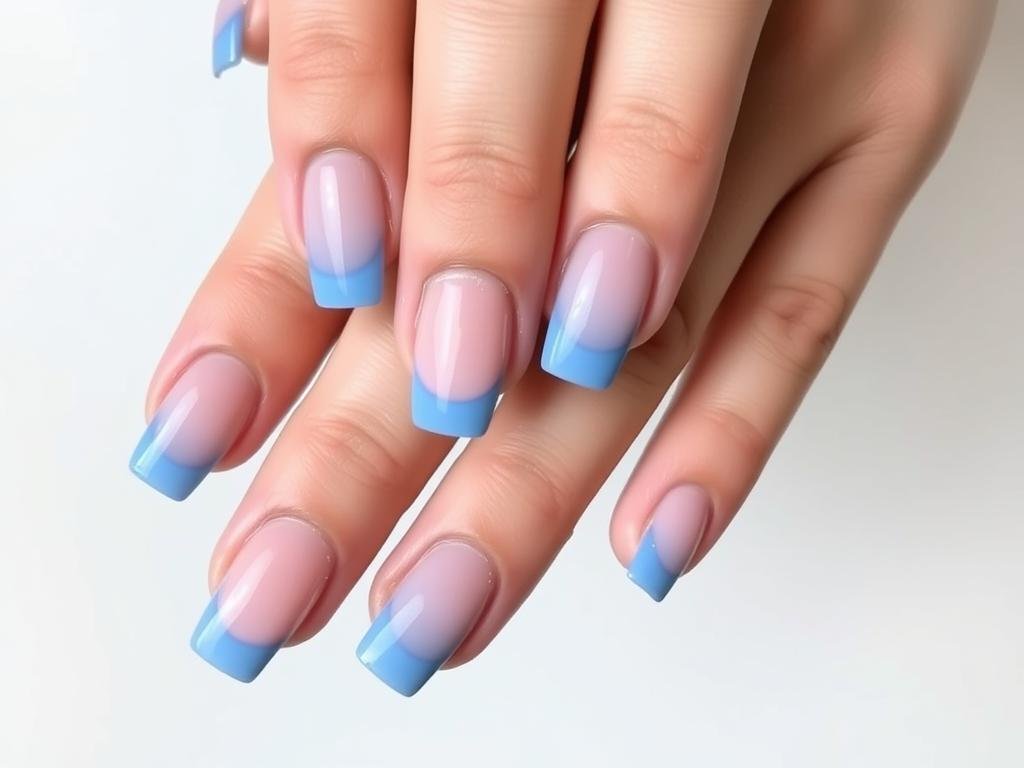 Square acrylic nails with blue French tips