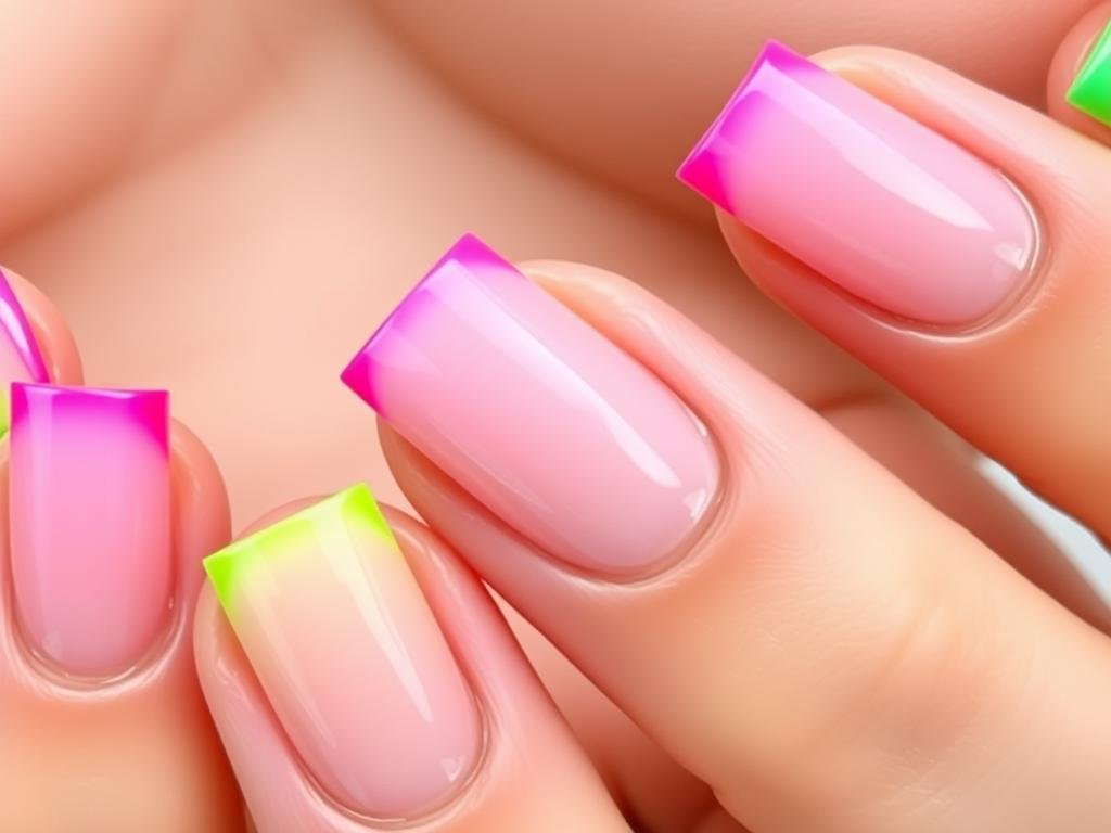 Square acrylic nails with bright neon french tips in summer colors