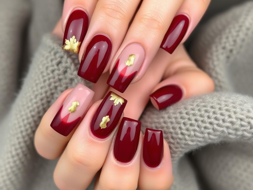 Square acrylic nails with burgundy french tips and gold accents
