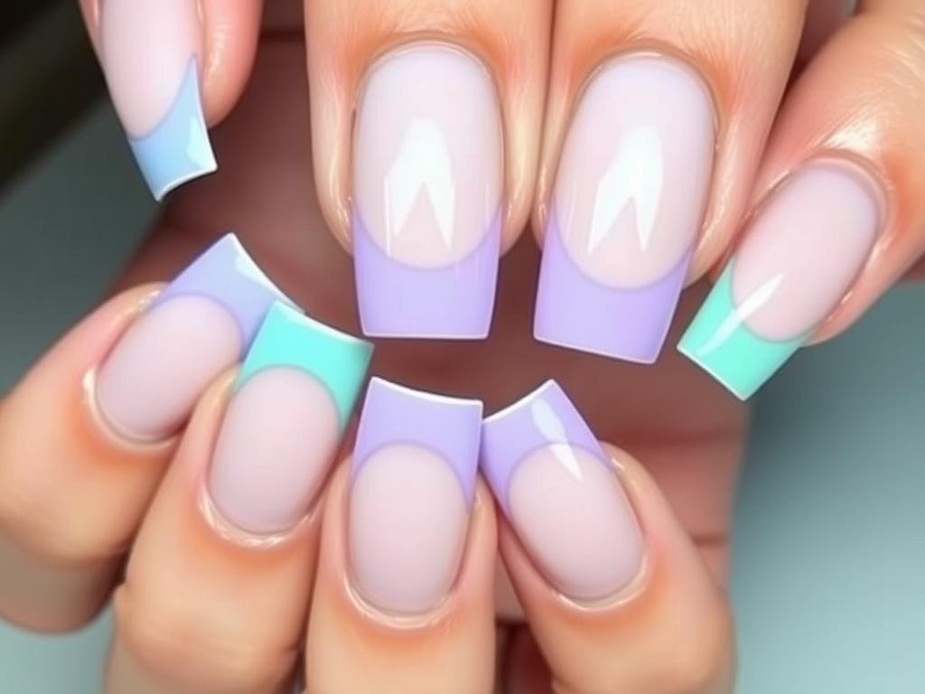 Square acrylic nails with colorful french tips in pastel colors