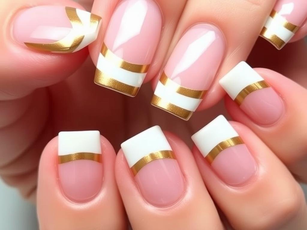 Square acrylic nails with double french tips in white and gold