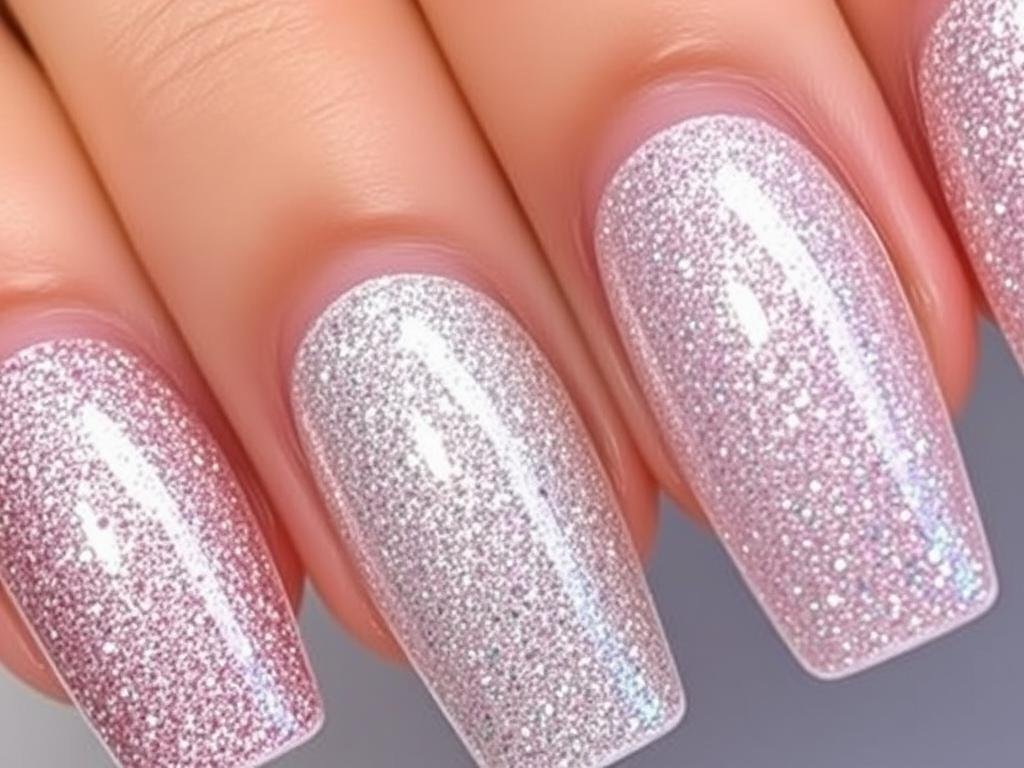 Square acrylic nails with full glitter coverage in various colors