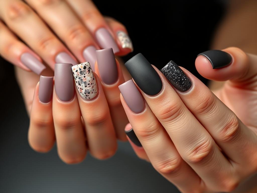 Square acrylic nails with matte finish in various colors and designs
