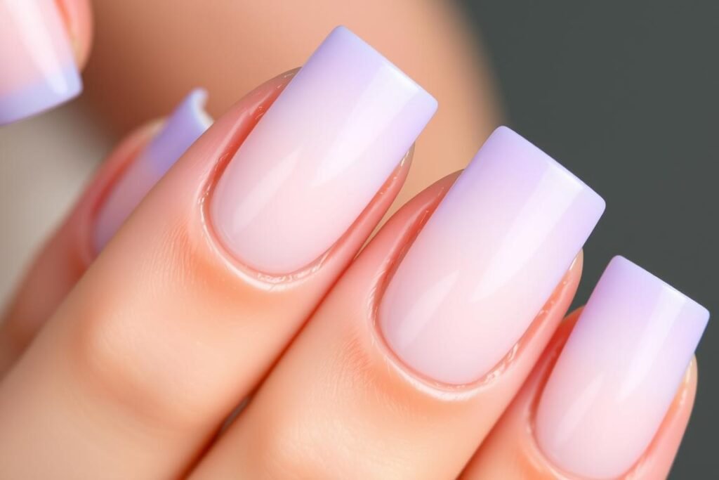 Square acrylic nails with modern French tip designs in various colors