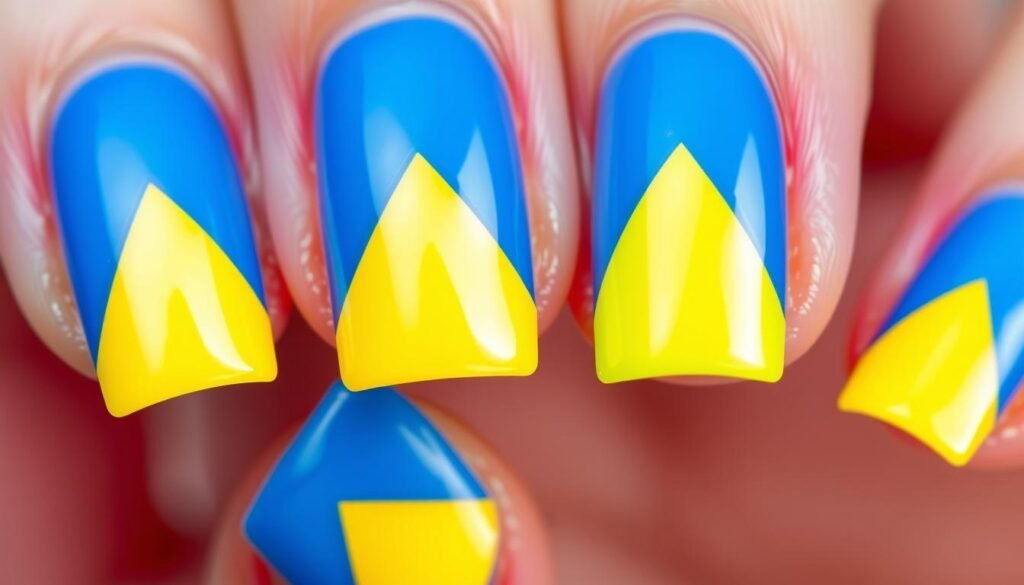 Square acrylic nails with neon color blocking designs