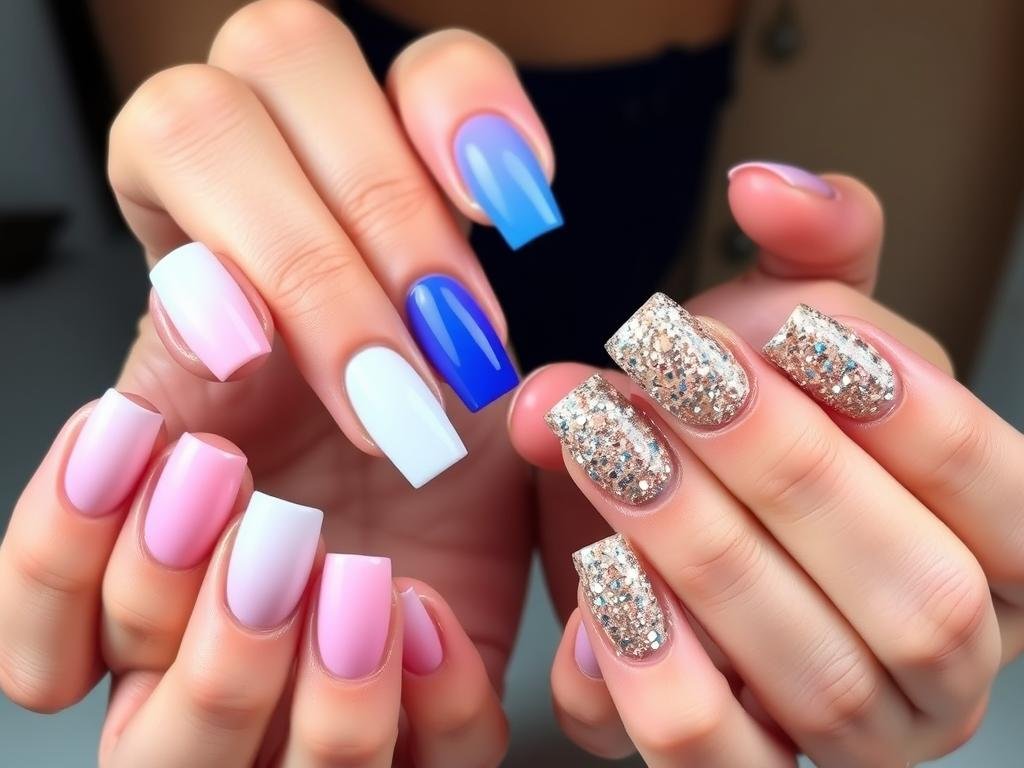 Square acrylic nails with ombre effect in various color combinations