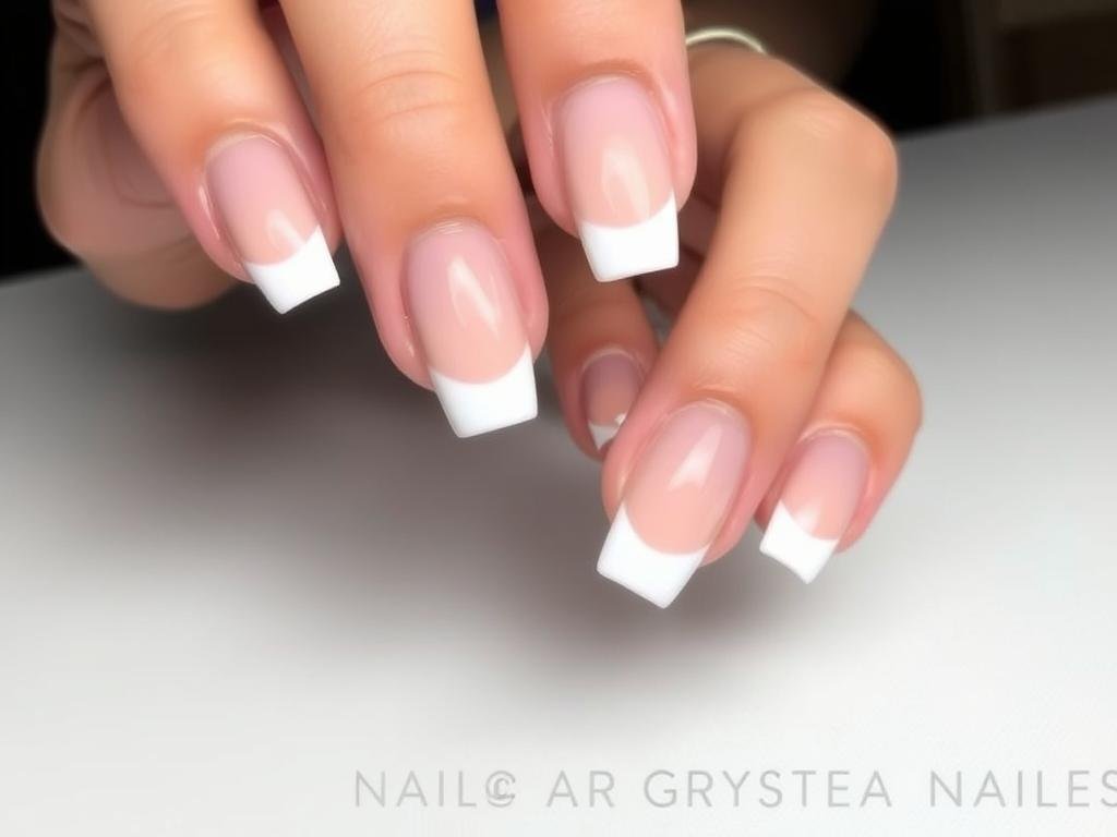 Square acrylic nails with ombré french tips blending from nude to white