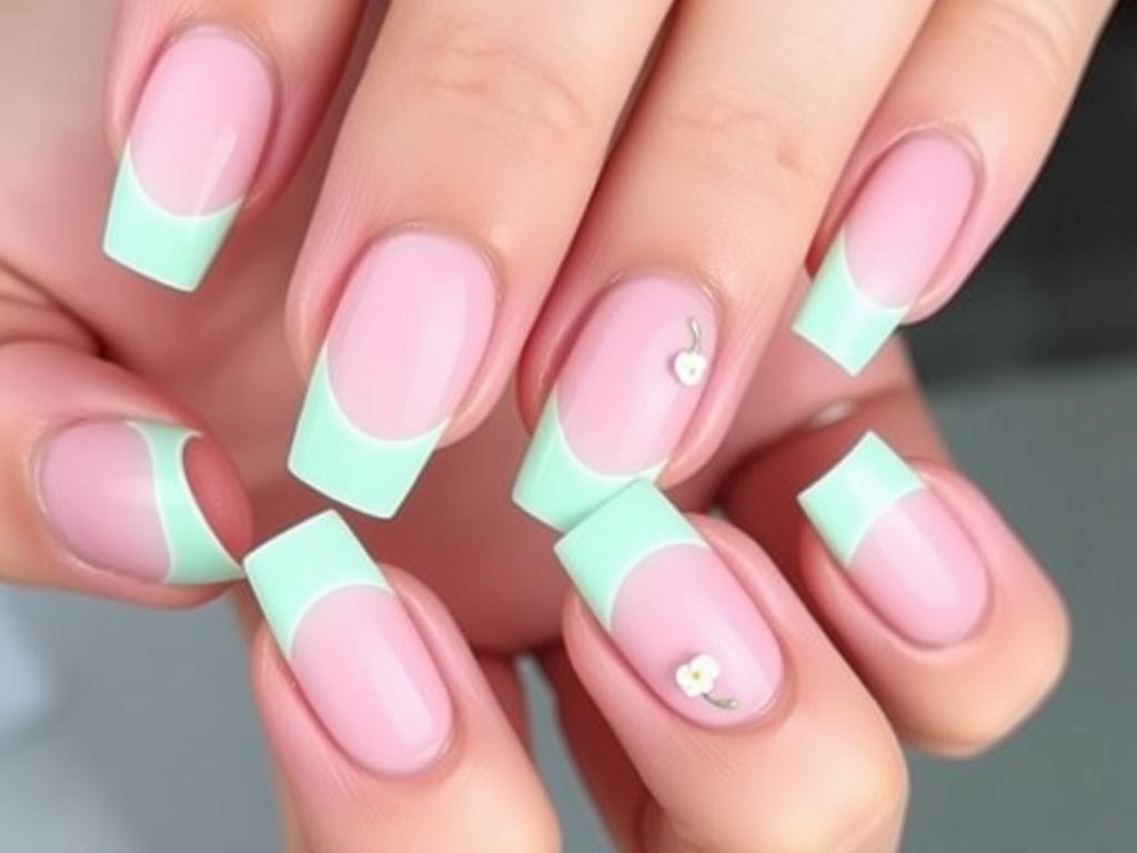 Square acrylic nails with pastel french tips and small flower accents