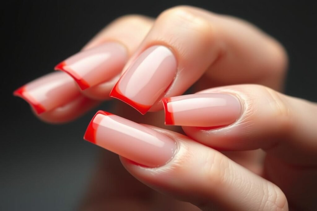Square acrylic nails with red French tips on a nude base