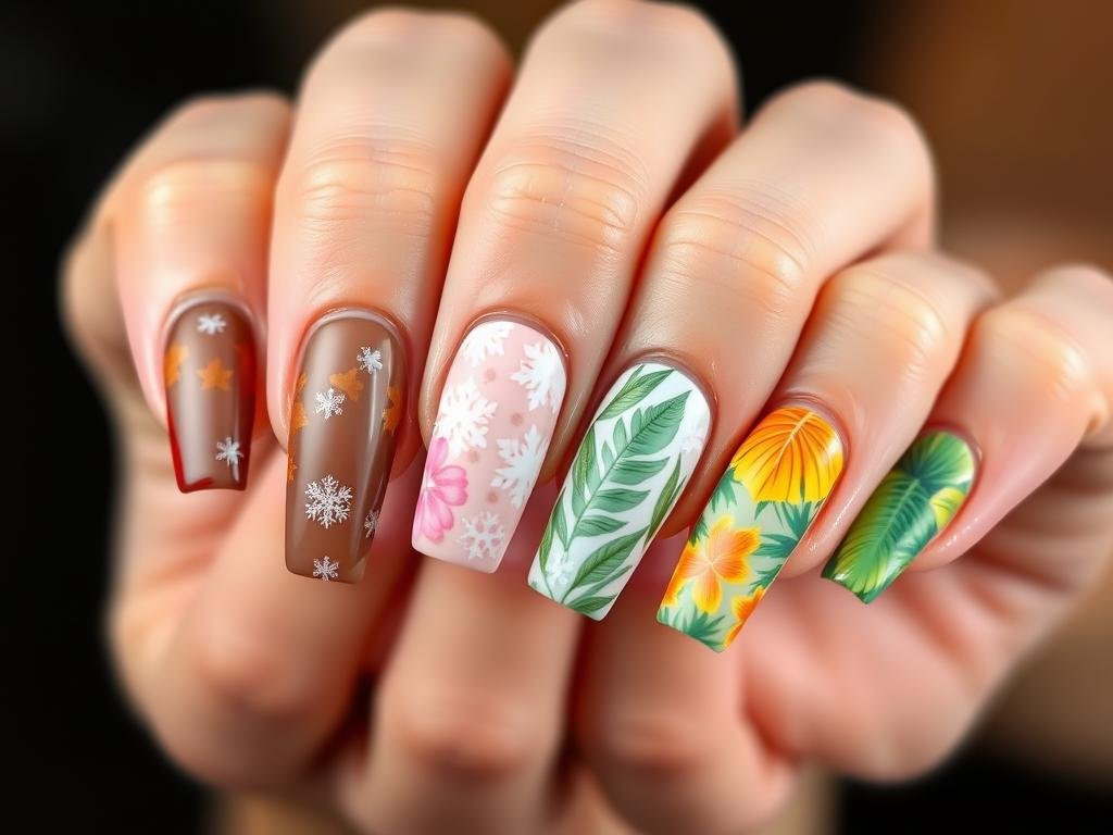 Square acrylic nails with seasonal themed designs for different holidays
