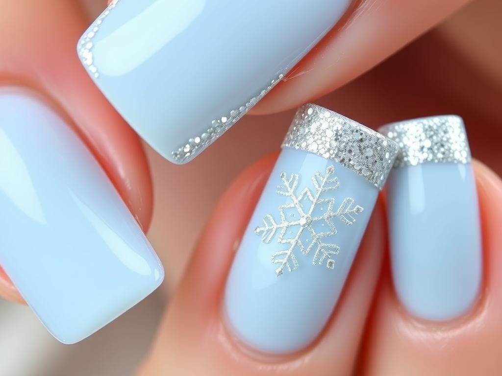 Square acrylic nails with silver glitter french tips and snowflake design