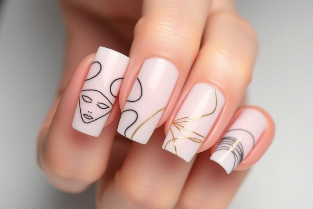 Square acrylic nails with single line art designs
