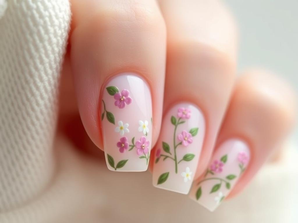 Square acrylic nails with spring floral designs