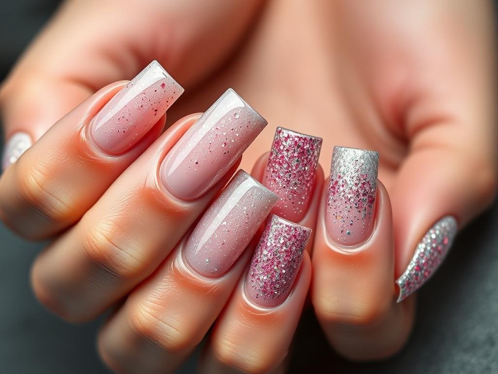 Square acrylic nails with various glitter accent designs