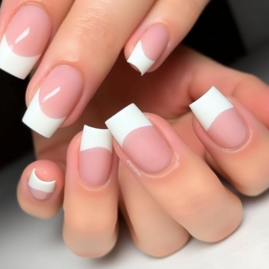 Square french tip acrylic nails with V-cut design