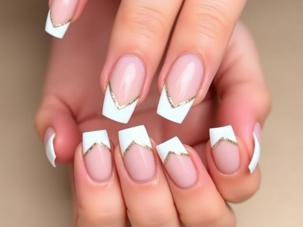 Square french tip acrylic nails with geometric design elements