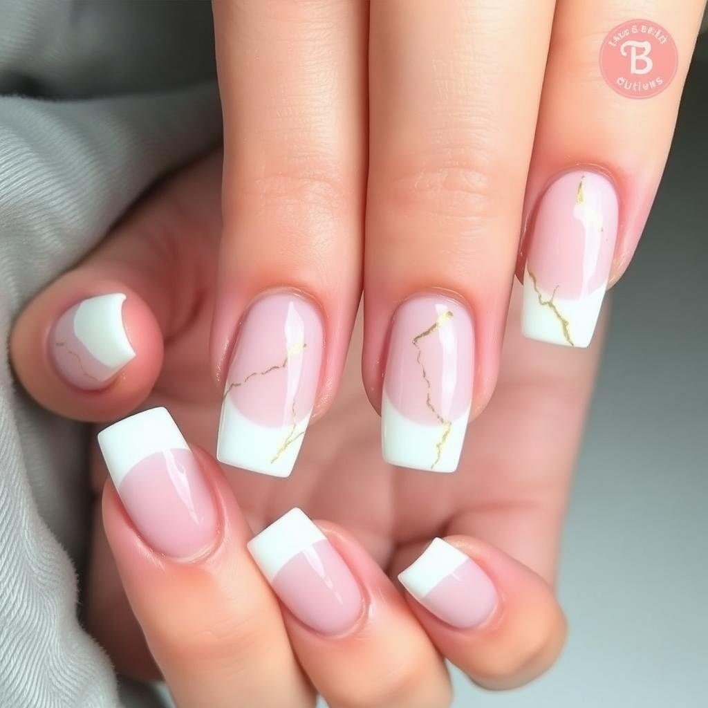 Square french tip acrylic nails with marble design