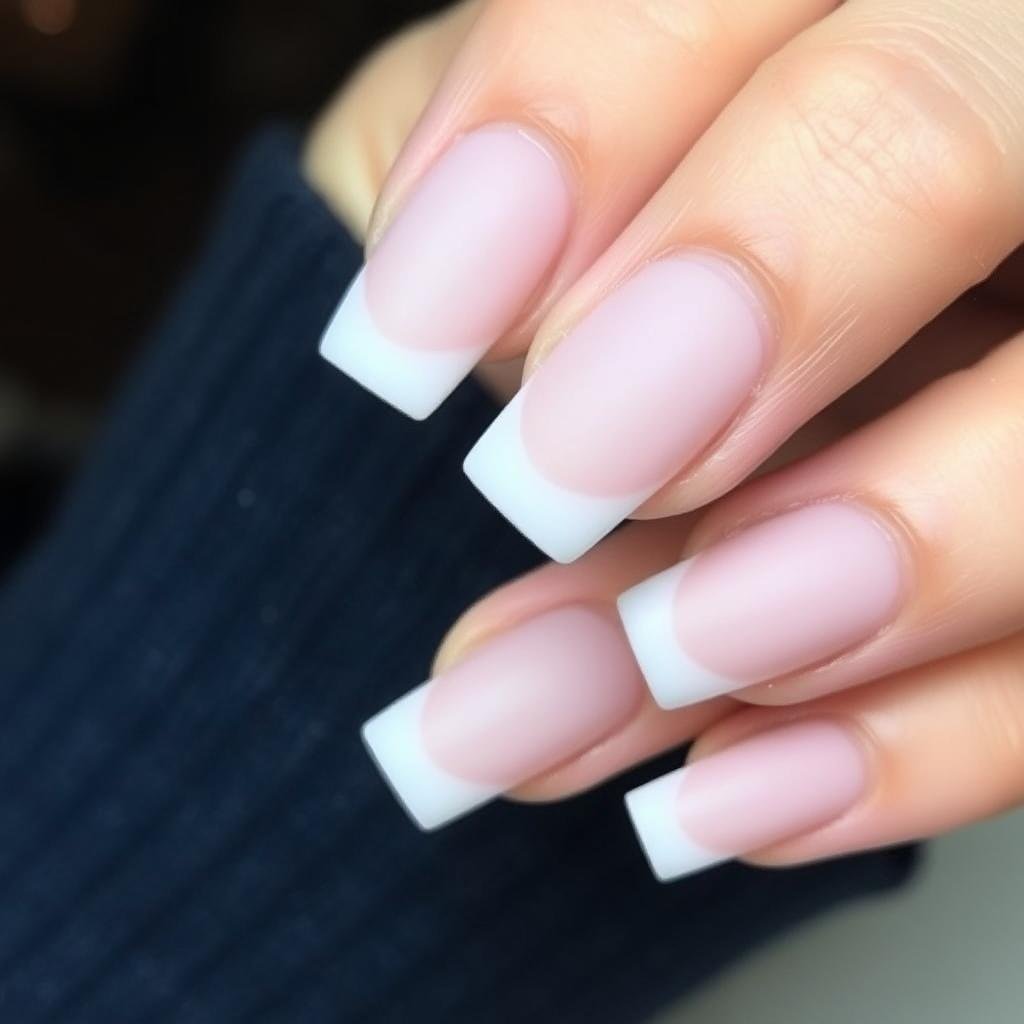 Square french tip acrylic nails with matte finish