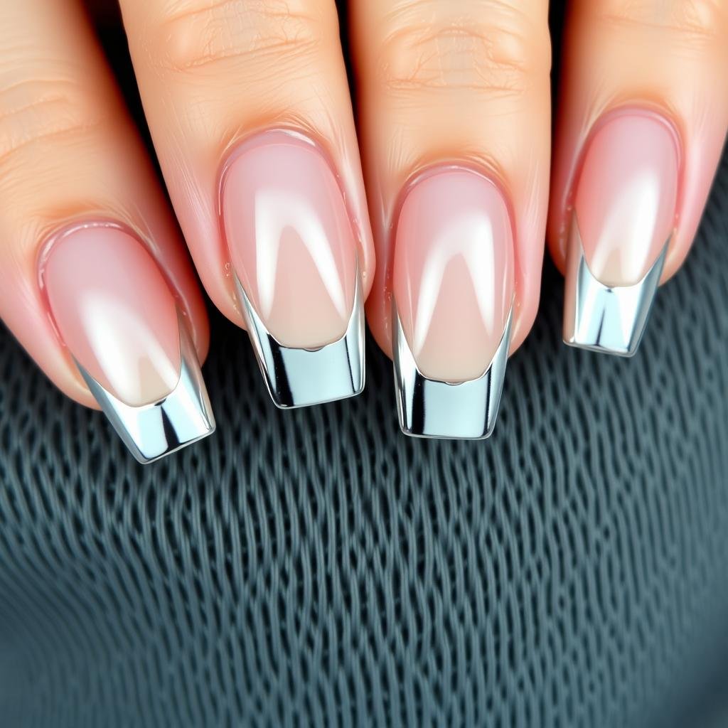 Square french tip acrylic nails with metallic chrome finish
