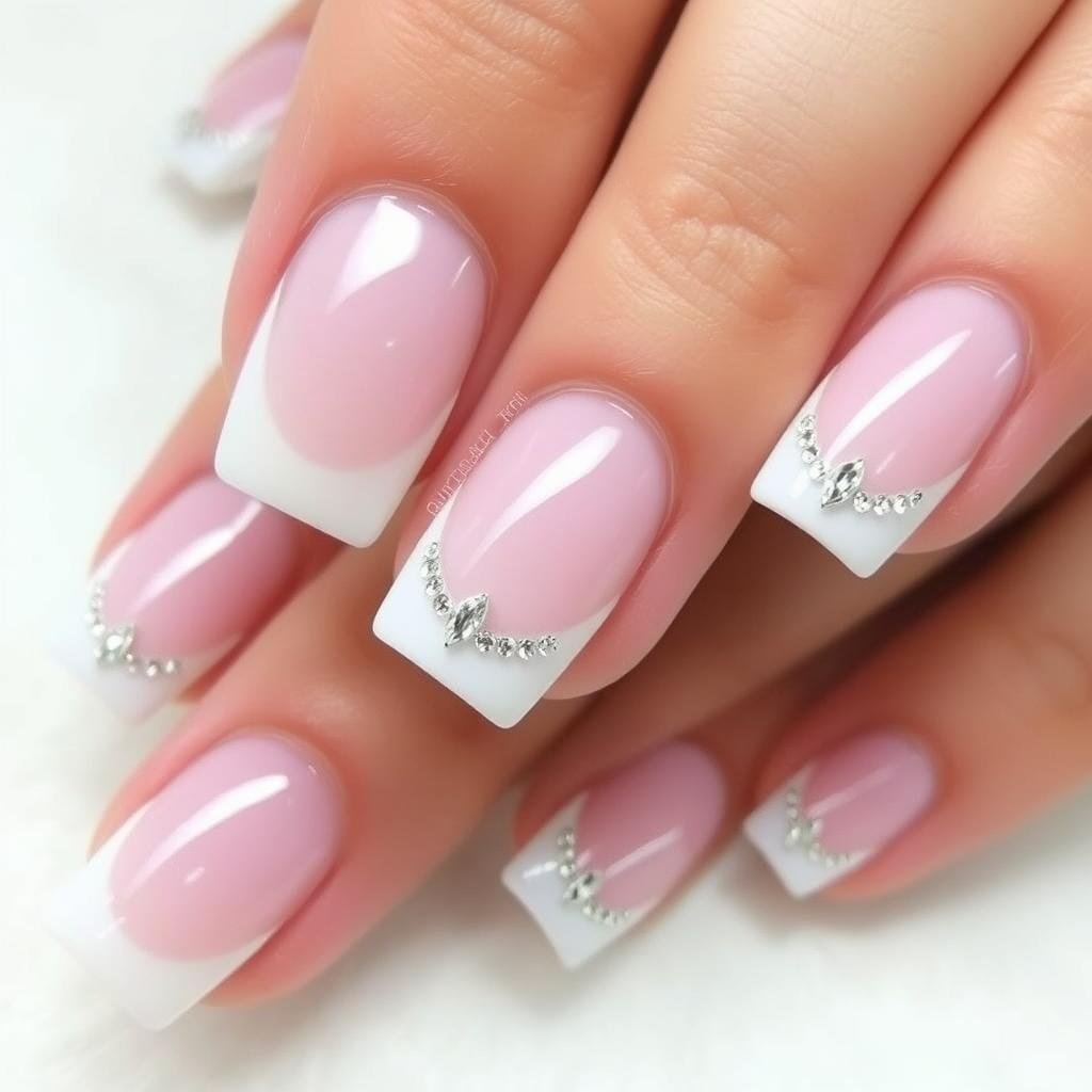 Square french tip acrylic nails with rhinestone accents