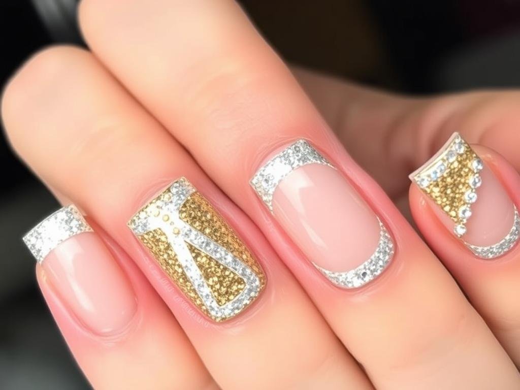 Square french tip acrylic nails with sparkling glitter tips